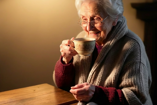 Cartoon of a warm happy pensioner drinking tea.