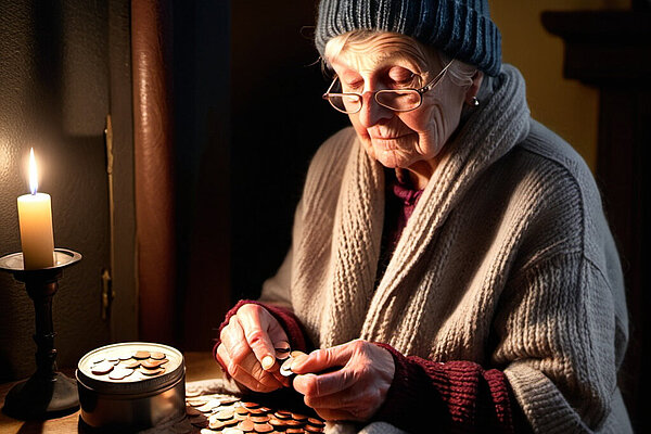 Pensioner counting the pennies by candlelight