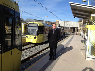Image courtesy of Andy Kelly Cllr Andy Kelly with the new trams