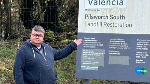 Tom at the entrance sign to the Pilworth South Landfill