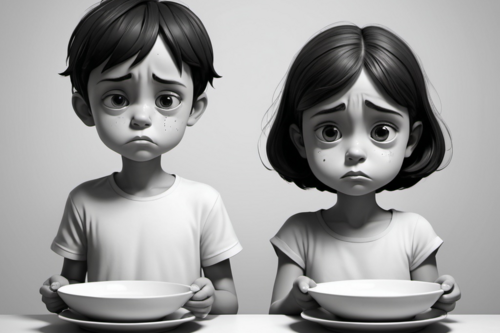 A cartoon of two children with empty plates.
